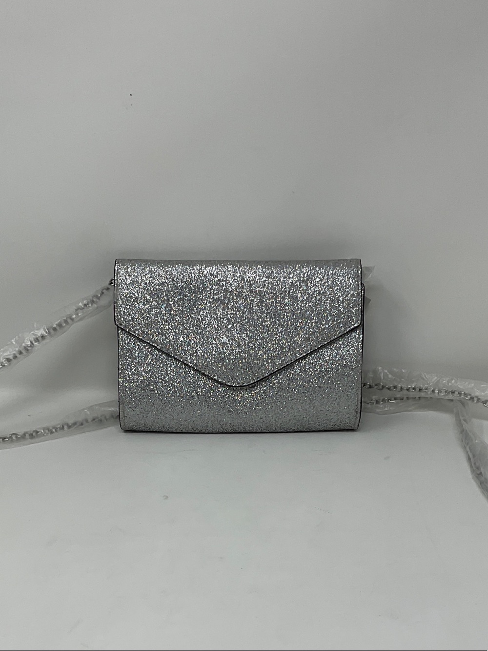 Silver Glitter Envelope Clutch with Chain Strap
